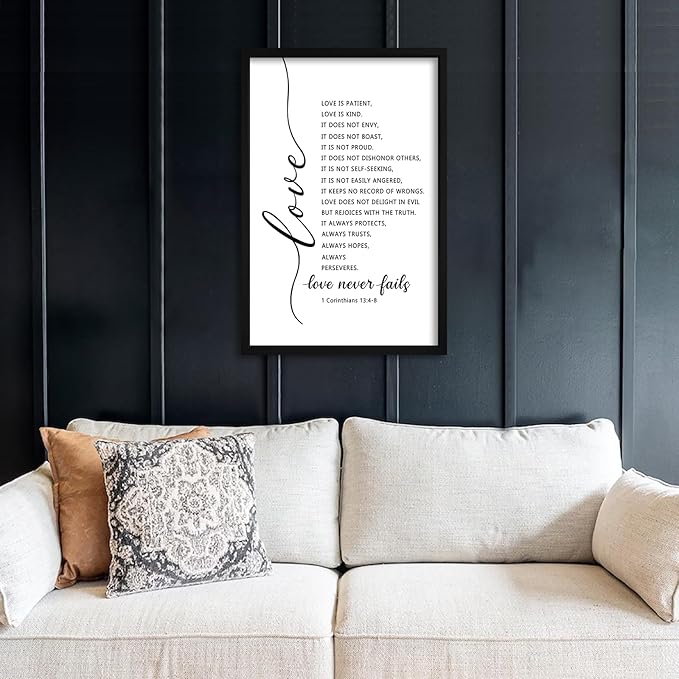 flowtorely Love Is Patient Kind Sign 1 Corinthians 13 Wall Decor 24"×16" Love Never Fails Quotes Bible Verse Wooden Framed Wall Hanging Art (Black)