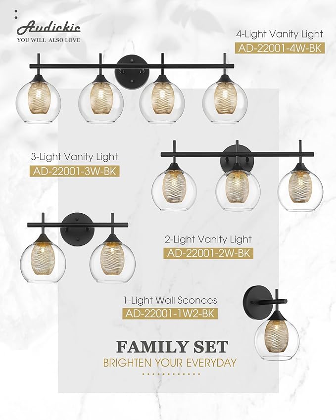 Bathroom Light Fixtures, 4-Light Black and Gold Vanity Lights Over Mirror, 30inch Farmhouse Wall Sconce Lighting with Clear Glass and Honeycomb Metal Shade, AD-22001-4W-BK