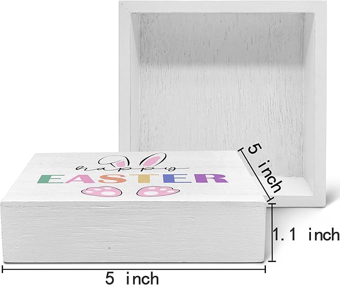 SRADMO Happy Easter Sign, Cute Bunny's Ear Easter Wood Box Sign Desk Decor, Easter Bunny Decorations, Easter Theme Wooden Block Box Sign Decoration for Home Office Shelf Table Decor