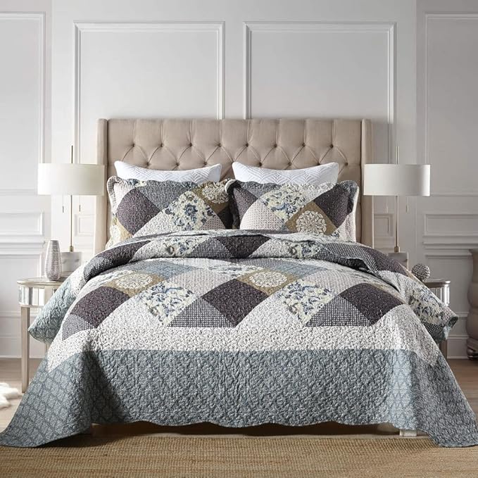 Travan 3-Piece Queen Quilt Set Quilted Bedspread Oversized Microfiber Lightweight Coverlet Set with Shams Reversible Printed Coverlet Bedding Set for All Season, Slate Blue, King Size