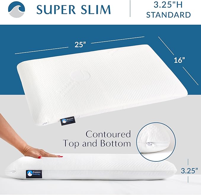 Bluewave Bedding Super Slim Gel Memory Foam Pillow for Stomach and Back Sleepers - Thin, Flat Design for Cervical Neck Alignment and Deeper Sleep (3.25-Inches Height, Standard Size)