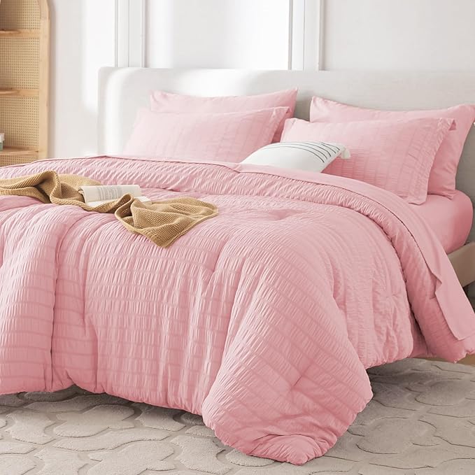 MUXHOMO 5 Pieces Twin Comforter Set, Seersucker Bed in a Bag Twin Size, All Season Luxury Bedding Set with Comforter, Flat Sheet, Fitted Sheet, Pillowcase & Sham, Pink
