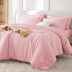 MUXHOMO 7 Pieces California King Comforter Set, Seersucker Bed in a Bag Cal King Size, All Season Luxury Bedding Set with Comforter, Flat Sheet, Fitted Sheet, Pillowcases & Shams, Pink