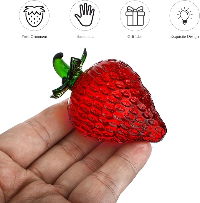 Glass Red Strawberry Figurine Crystal Fruit Collectibles Art Glass Fruits Decoration for Home Office Strawberry Kitchen Decor for Women