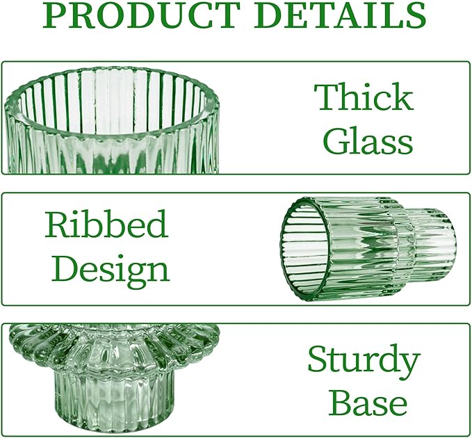 Candlestick Holders Set of 6, Ribbed Glass Taper Candle Holders, Reversible Green Tealight & Candle Stick Candle Holder Vintage Crystal Tapered Candlestick for Wedding Dinner Party Festival