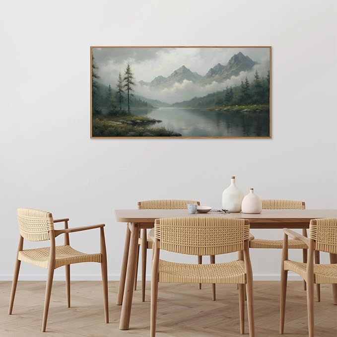 SIGNINART Large Misty Mountain Framed Canvas Wall Art, Green Forest River Scenery Wall Decor, Modern Foggy Wooden Landscape Artwork, Oil Style Nature Art Print for Living Room Bedroom Office 20"x40"