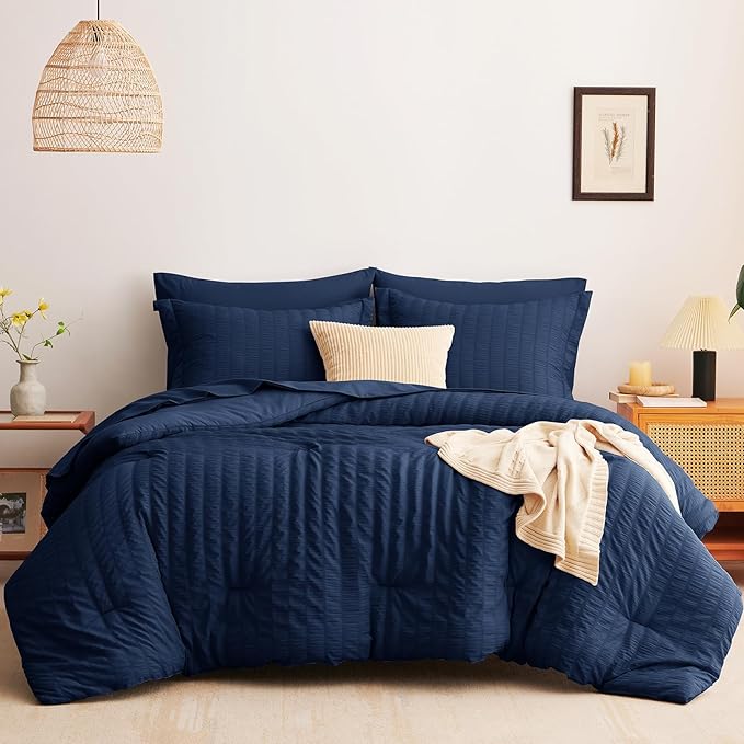 CozyLux King Size Comforter Set Navy Blue Seersucker 7 Pieces Bed in a Bag King Comforter Set with Sheets, Luxury Bedding Set with Down Alternative Comforter, Sheets, Pillowcases & Shams All Seasons