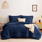 CozyLux King Size Comforter Set Navy Blue Seersucker 7 Pieces Bed in a Bag King Comforter Set with Sheets, Luxury Bedding Set with Down Alternative Comforter, Sheets, Pillowcases & Shams All Seasons