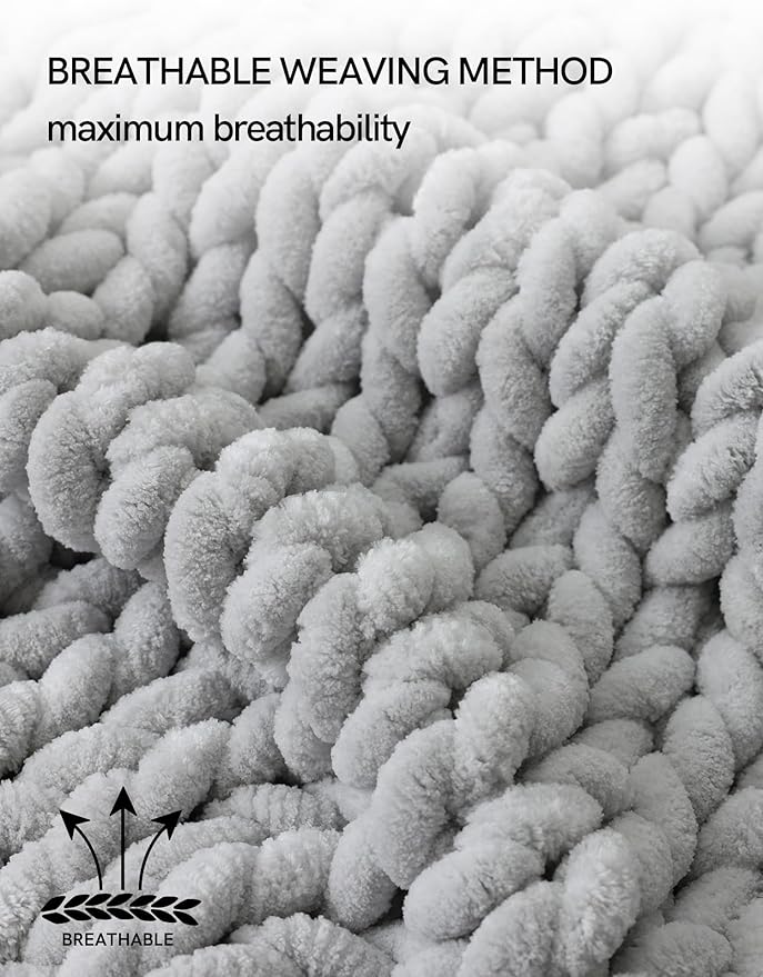 YnM Chunky Throw Blanket, Hand Knitted with Chenille Yarn, Skin Friendly, Ventilated and Breathable, Machine Washable, Home Décor Piece for Couch, Sofa and Bed (Glacier Grey, 40x50 Inch)