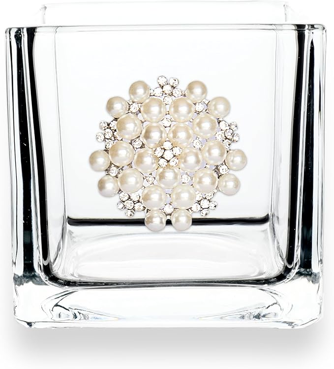 THE QUEENS' JEWELS Round Pearl Jeweled 4x4 Candle Holder Vase - Unique Gift for Women, Birthday, Cute, Fun, Cocktail, Queen, Not Painted, Decorated, Bling, Bedazzled, Rhinestone