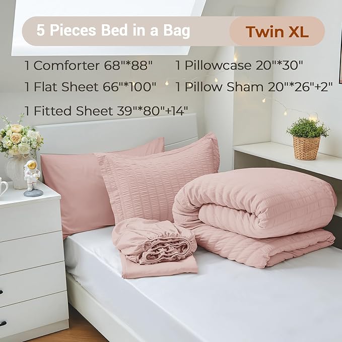MUXHOMO 5 Pieces Twin XL Comforter Set, Seersucker Bed in a Bag Twin XL Size, All Season Luxury Bedding Set with Comforter, Flat Sheet, Fitted Sheet, Pillowcase & Sham, Rose Gold