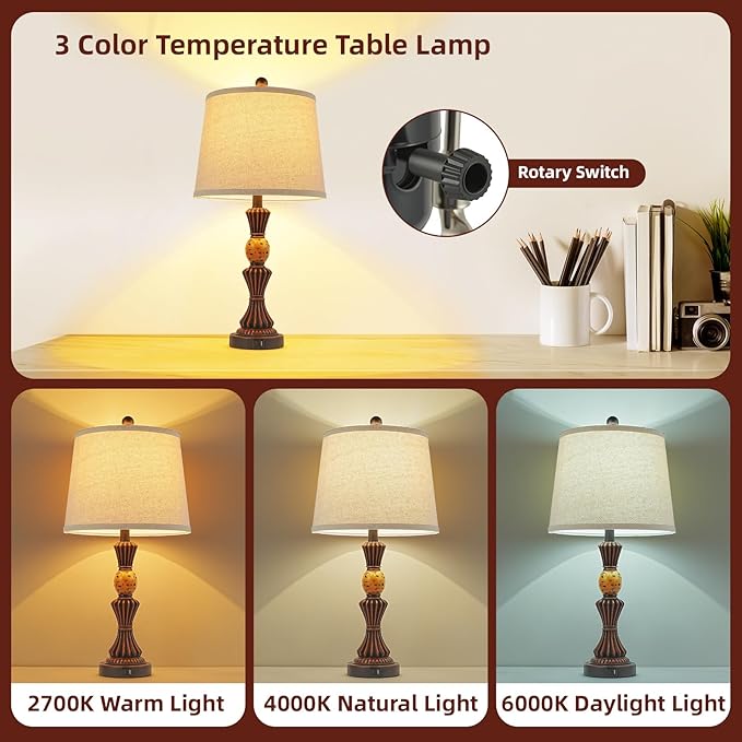 Set of Modern Table Lamps with USB-C & USB Ports, Rotating Knob Switch, Linen Shade + Resin Base Rustic Farmhous (Black Gold/Oil Bronze)