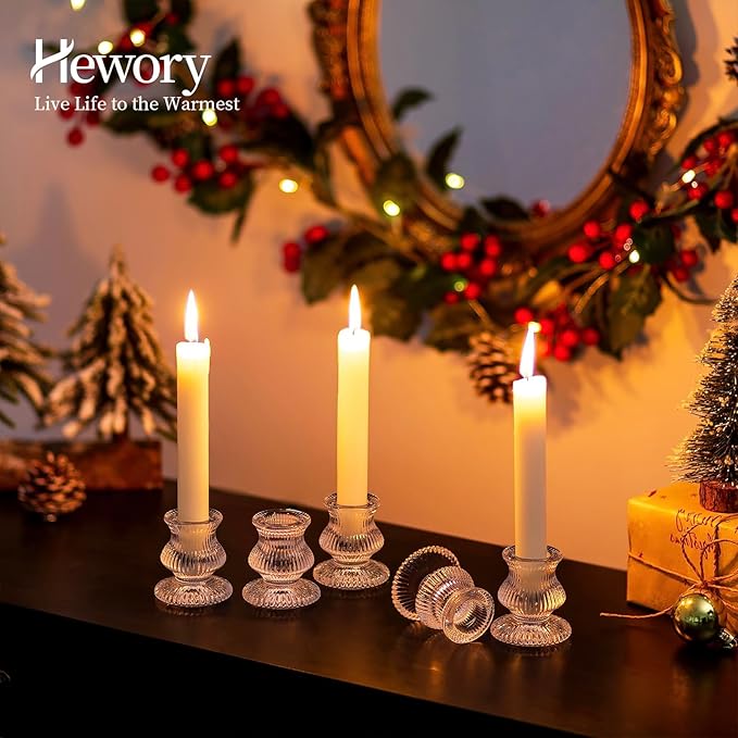 Hewory Glass Taper Candle Holders: 10PCS Clear Candle Holder Candlestick Holders, Crystal Ribbed Candle Sticks Holder Decor for Table Centerpiece Wedding Advent Wreath Christmas Thanksgiving Dinner
