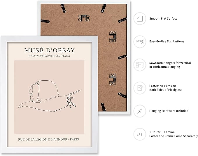 Poster Master Vintage Poster - Retro One Line Snail Drawing Print - Snail Line Art - Minimal Gift for Men, Women, Animal Lover - Abstract Wall Decor for Home, Office, 8x10 White Framed