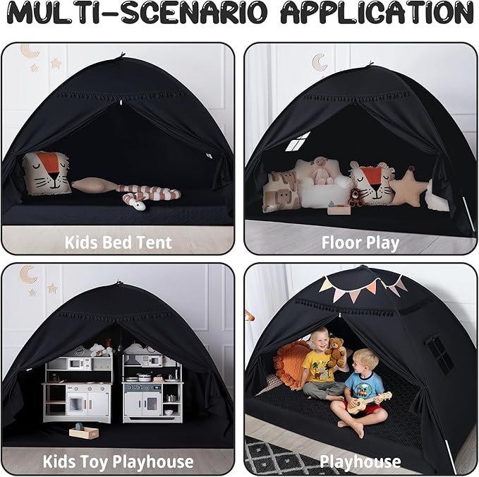 Sumbababy Full Size Bed Tent Canopy: Lights & Flags Indoor Floor Bed Kids Tent Playhouse - Space Blackout Sleeping Tents Indoor Breathable Portable Cottage Drafty Room Floor (Large Black)