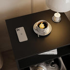 Rattan Nightstand,Farmhouse Bedside Table with 2 Storage Drawer and Open Wood Shelf, for Bedroom and Small Spaces,Night Stand with Solid Wood Legs (Black)