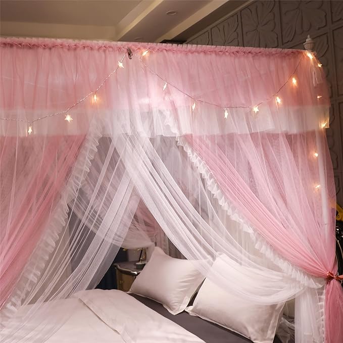 VETHIN 4 Corners Post Ruffle Princess Bed Canopy Curtain-Double Layer Cozy Drape Netting 4 Opening Mosquito Net for Girls Adults Bedroom Decoration (Pink/Whtie, 53" W*78" L*82"*H/(Full))