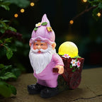 Solar Garden Gnome Statue with Crackle Glass Globe Lights, Waterproof Outdoor Decor for Patio, Lawn, or Yard, Whimsical Housewarming Gift(Pink Gnomes)