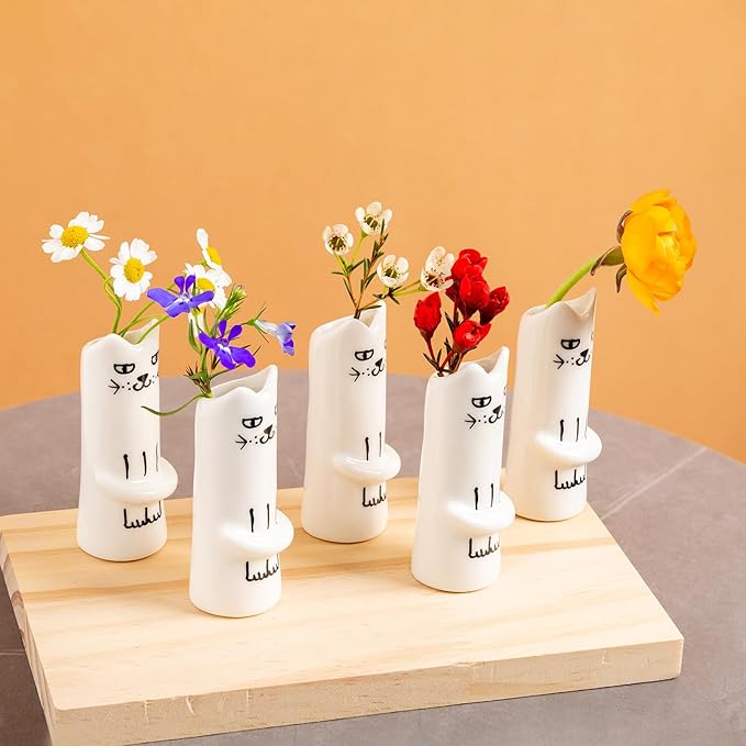 Set of 5 Cat Flower Vase Bud Ceramic Small Cute Mini Handmade Decor - Unique Modern Tiny Wedding Party Birthday Gift - Bulk Trendy Pretty Little Vases