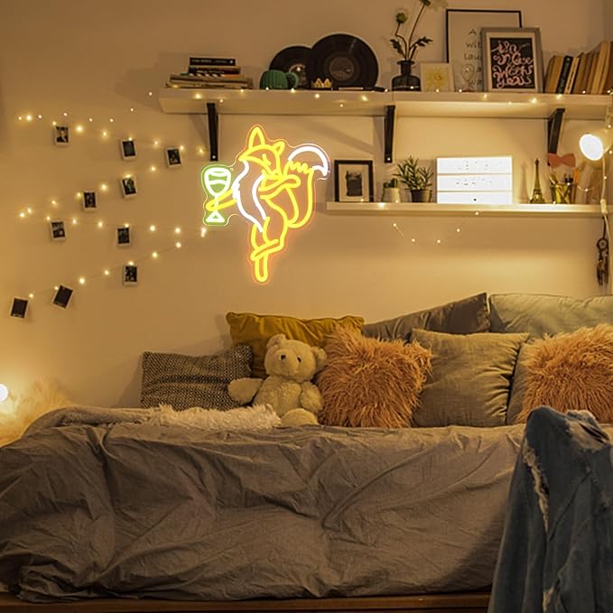 Fox Beer Neon Signs for Wall Decor Cool Animal Neon Sign Orange White Fox Neon Light Dimmable Drink Wine LED Sign Bar Neon Light Up Sign for Bedroom Kitchen Man Cave Bar Decor Birthday Gift