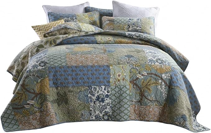 Cotton Bedspread Quilt Sets Reversible Bedding Coverlet Sets,3 Pieces Green Rustic Vintage Paisley Patchwork Bedspread, King Size