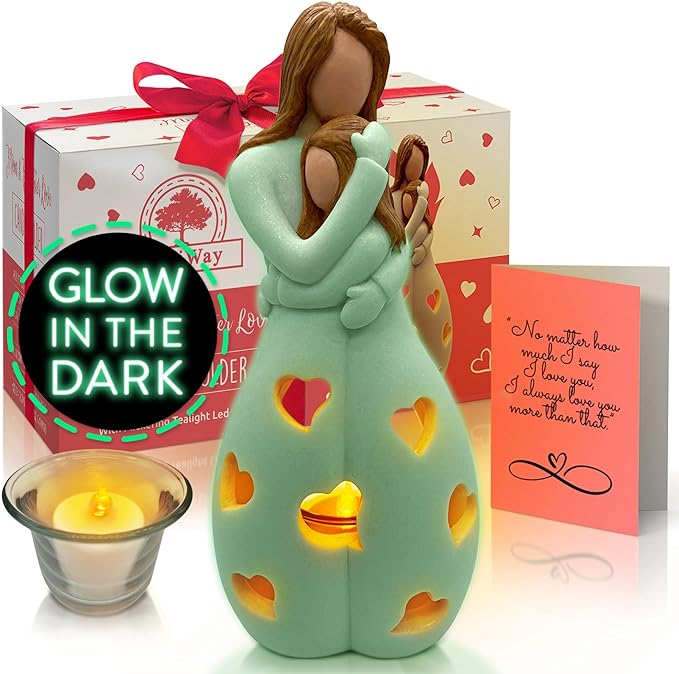 Mother-Daughter Glow in The Dark Candle Holder Statue with Flickering LED Candle | Hand-Painted - Unique Gifts for Mother's Day, Christmas, Birthday | Greeting Card Included
