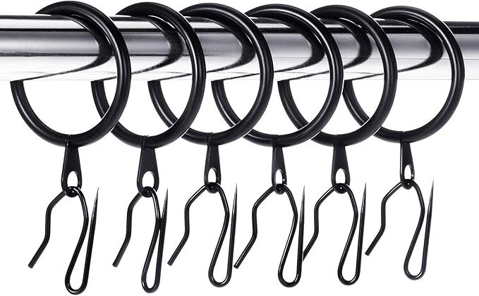 Hotop 30 Pcs Metal Drapery Curtain Rings 0.98/1.26/1.65 inch Interior Diameter and 30 Pcs Hanging Curtain Drapery Pin Hooks for Window Door Shower(32 mm,Black)
