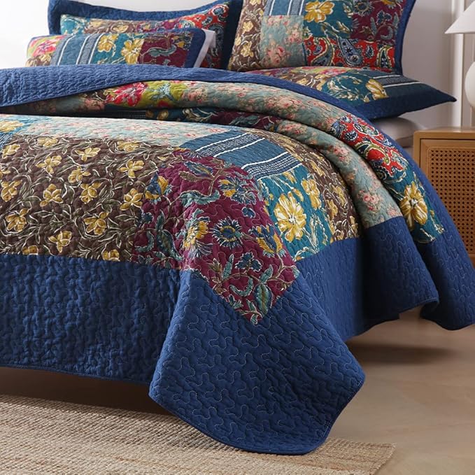 Cotton Bedspread Quilt Sets Reversible Bedding Coverlet Sets 3 Pieces Patchwork Blue Vintage Floral Paisley Bedspread, King Size