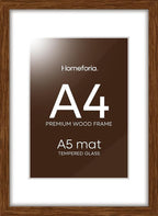 Homeforia A4 Picture Frame Brown Wood, High-End Dark Oak 8.3 x 11.7 Poster Walnut Frames Matted to 5.8 by 8.3 inch Photo, A4 Size Wooden Frame with Mat for A5 Print, Tempered Glass, Wall Kit, Set of 1
