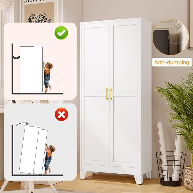 White Pantry Storage Cabinet,71" Kitchen Pantry with Doors and 4 Adjustable Shelves, Metal Storage Cabinet, for Office, Home, Garage, School