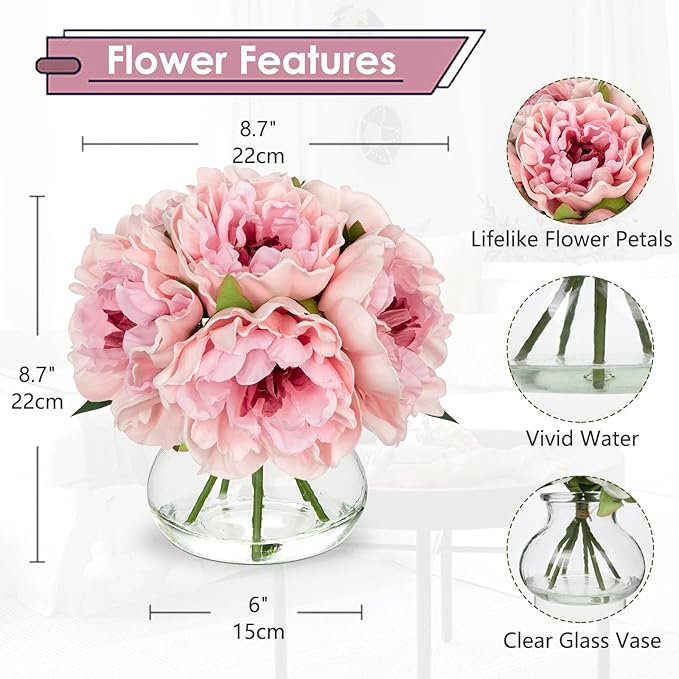 Hollyone Light Pink Peonies Artificial Flowers with Vase Faux Flowers Peony Fake Flowers Silk Flower Arrangements in Glass Vase with Faux Water for Bathroom Table Centerpiece Shelf Home Decor