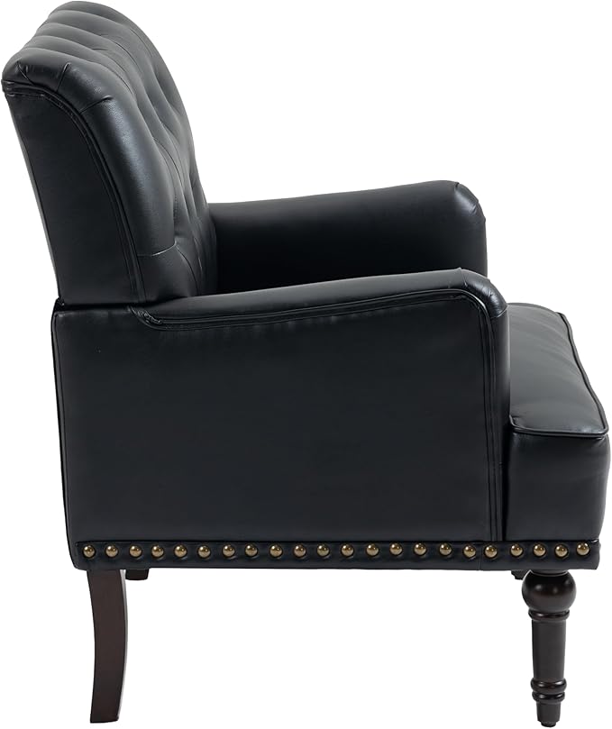 UIXE PU Leather Accent Chairs Set of 2, Modern Upholstered Armchair for Living Room, Comfy Arm Chair Single Sofa Reading Seat with Wooden Legs for Office Home Bedroom - Black