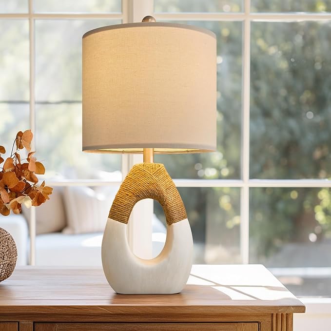 OYEARS Boho Table Lamps Bedroom Living Room Set 2 Small Farmhouse Rattan Table Lamp 19”Rustic Home Decoration Nightstand Bedside Lamp for Office Compatible with Smart Light Bulbs(Not Include Bulbs)