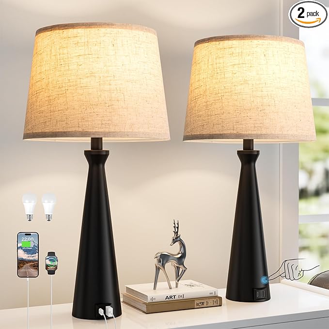 Seealle Modern Table Lamps Set of 2 - Touch Bedside Lamp for Nightstand with USB C+A,3-Way Dimmable Black Nightstand Lamps for Living Room Bedroom End Table with Beige Shade(Bulb Included)