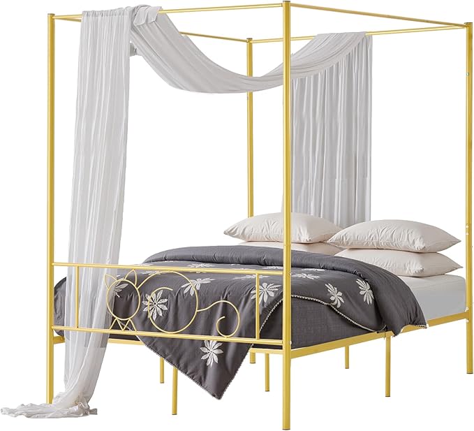 VEVOR Canopy Bed Frame Full Size, Metal Canopy Bed with Minimalist Headboard & Four Posters Design, Heavy Duty Steel Slats Support, Underbed Storage Space, No Box Spring Needed, Easy Assembly, Gold
