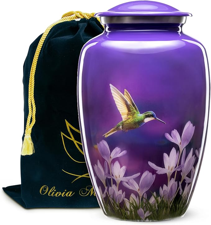 Olivia Memorials Urn for Ashes Women Men Adult | Hummingbird Urn for Female Male | Free Pendant Necklace | Human Funeral Decorative Purple Urn for Mom Dad Pet Dog