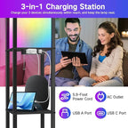 OUTON Floor Lamp with Shelves, LED Dimmable Floor Lamp with Remote & App Control, Charging Station, Color Changing, Wood Column Tall Standing Lamp for Living Room, Bedroom Office, RGB