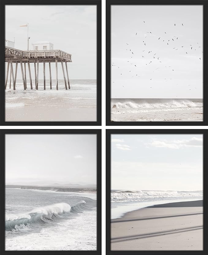 SIGNWIN Framed White Minimalist California Ocean Beach Seashore Pier Wall Art, Set of 4 Landscape Colorful Wall Decor Prints, Nature Wilderness Wall Décor for Living Room, Bedroom - 11"x14" Black