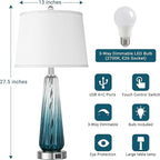 Glass Table Lamps for Living Room, Modern Bedside Lamps with USB A+C Ports, 3-Way Dimmable Touch Control Nightstand Lamp with White Linen Shade, 27.5" Large Lamps for Bedrooms Decor, Teal, 1 Pack