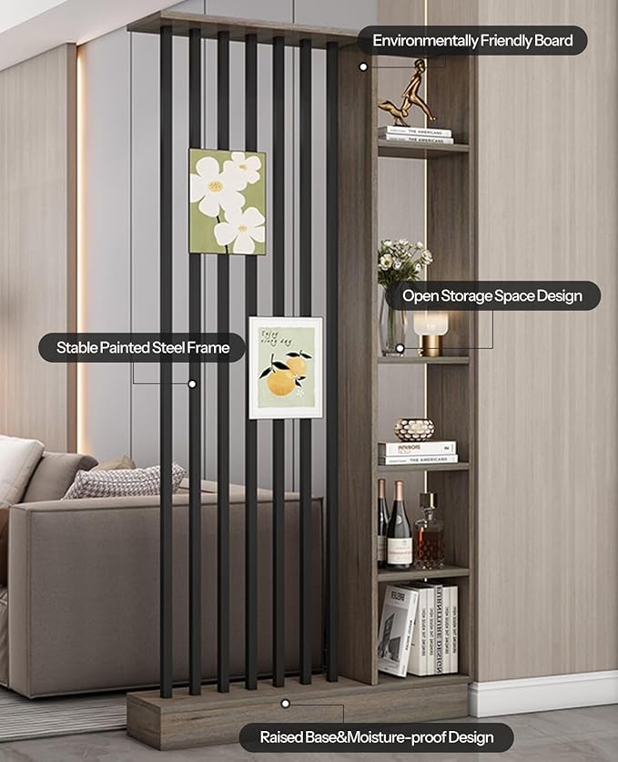 Wall Room Divider, Storage Cabinet Storage Display with Shelves, Modern Freestanding Wood Room Divider Screen, Wall Privacy Screens for Home Decorative (Grey Oak+Black,55" L x 9.5" W x 79.5" H)
