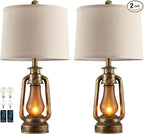 RORIANO 25" Set of 2 Rustic Lantern Table Lamps for Living Room Bedroom, 2 USB Ports Farmhouse Vintage Bedside Desk Lamp Nightlight for Entryway Office End Table, 4 Bulbs Included