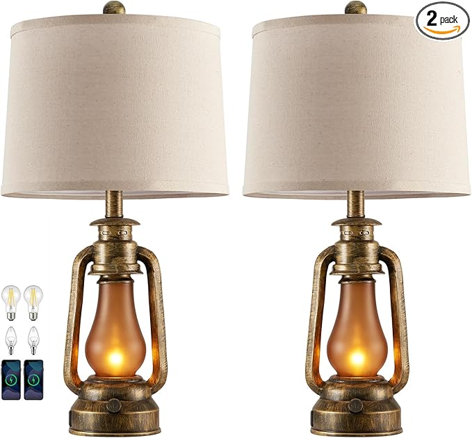 RORIANO 25" Set of 2 Rustic Lantern Table Lamps for Living Room Bedroom, 2 USB Ports Farmhouse Vintage Bedside Desk Lamp Nightlight for Entryway Office End Table, 4 Bulbs Included
