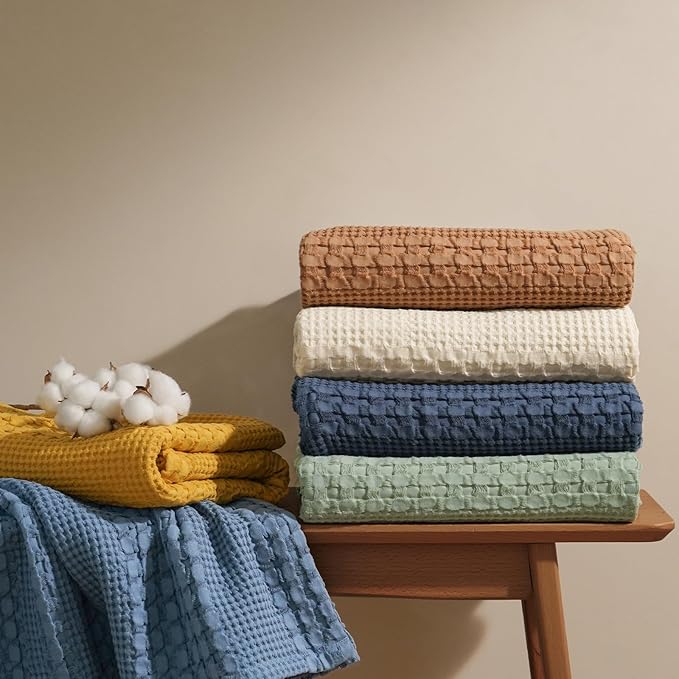 PHF 100% Cotton Waffle Weave Blanket Twin Size, Soft Lightweight Breathable Cozy Summer Blankets for Bed, Luxury Aesthetic Woven Bedding for Home Decor, 66"x90", Bright Navy Blue