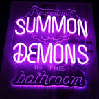 Please Don't Summon Demons in the Bathroom Neon Sign Gothic Wall Art Dimmable Purple Letter LED Neon Light Spooky Bat Neon Wall Sign for Bedroom Bathroom Man Cave Bar Halloween Party Decor