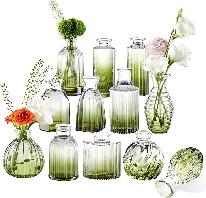 Green Bud Vases Set of 12, Green Glass Vase for Decor, Small Vases for Flowers Ribbed Flower Vase Stripe Bud Vases in Bulk Wedding Birthday Bridal Shower Centerpieces Home Table Decoration