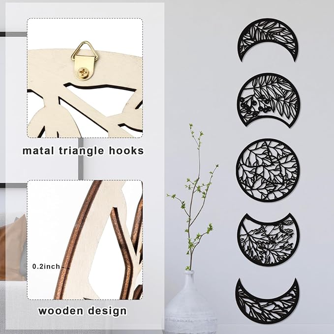 Jetec 5 Pcs Moon Phase Wall Art Decor Wall Pediments Hanging Wooden Moon Phase Spiritual Bedroom Nordic Boho Lunar Aesthetic Art for Living Room Dorm Apartment Bar Ornament(Dark Black,15.75 Inch)