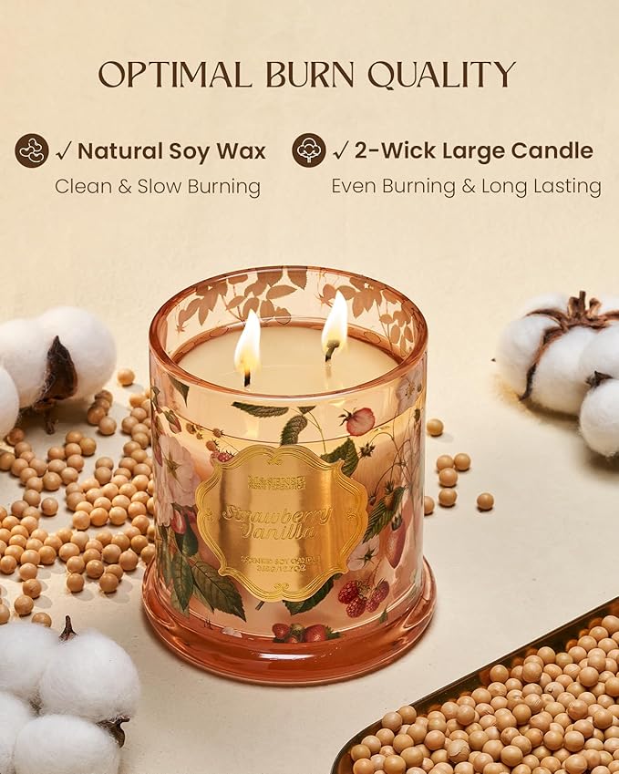 M&SENSE Strawberry Vanilla Scented Candle, Natural Organic Soy Candle 12.7oz 75 Hour Long Lasting Slow Burning, Good Smelling Relaxing Aromatherapy Aaesthetic Gift for Women