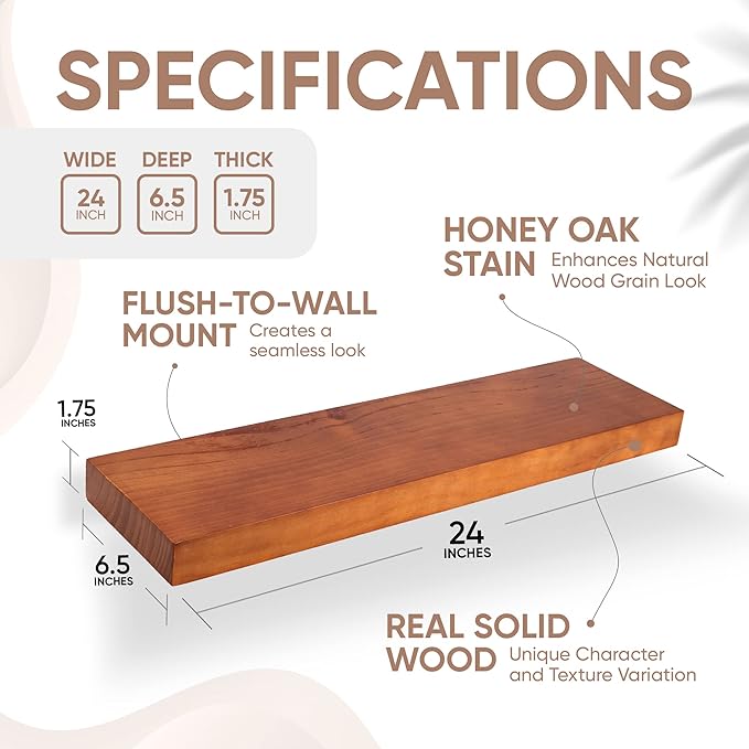 Homeforia 24inch Oak Floating Shelf for Wall, High End Solid Real Wood 24 inches Long Floating Shelves for Bathroom, Honey Oak Wooden Floating Shelves, Heavy Duty Bracket, 24 X 6.5 X 1.75 in, Set of 3