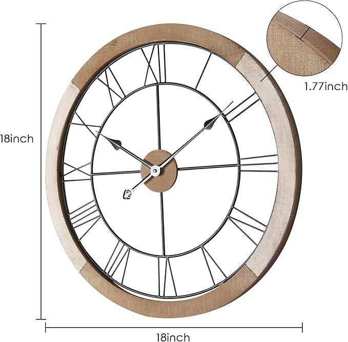 Wall Clock for Living Room Decor, 18'' Big Clock for Office, Rustic Wall Clocks Battery Operated, Distressed White Roman Numeral Clock, Round, Wood