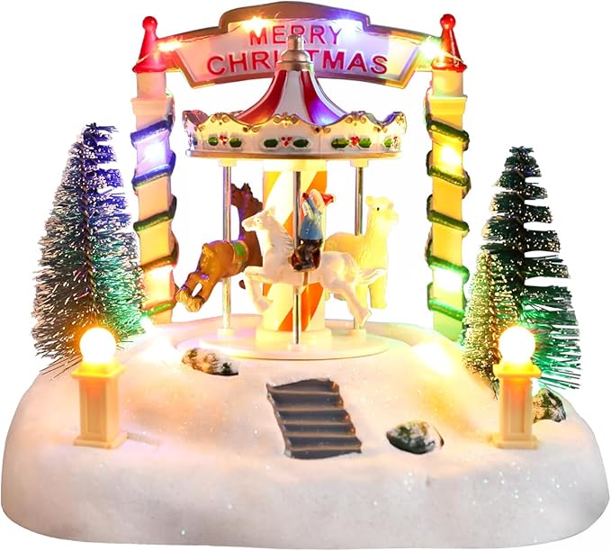 Bdor Christmas Carousel Tabletop Decoration – Lighted Musical Merry-Go-Round with Reindeer and Trees – Battery Operated Christmas Scene – 7.5"x5.5"x6" Holiday Centerpiece with LED Lights and Music